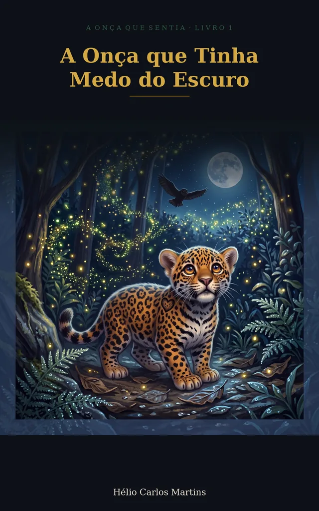 Capa de A Onça que Tinha Medo do Escuro: a filhote Pintada numa mata à noite, cercada de vaga-lumes