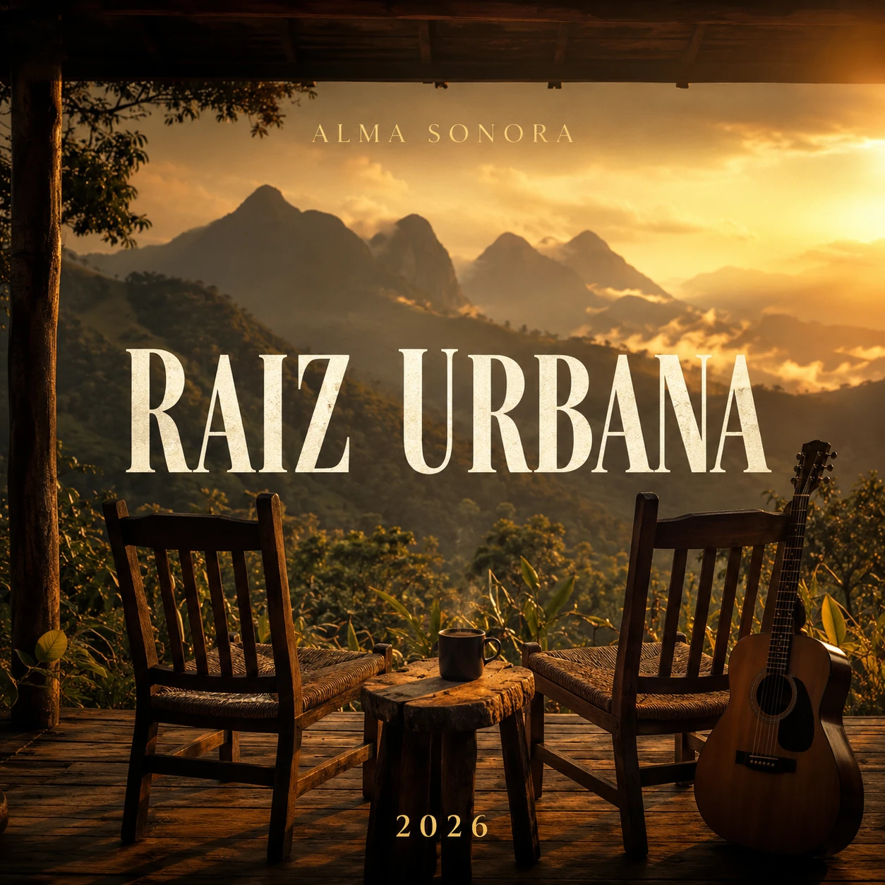 Capa do álbum Raiz Urbana: varanda rústica com violão, cadeiras e a Serra do Caparaó ao pôr do sol